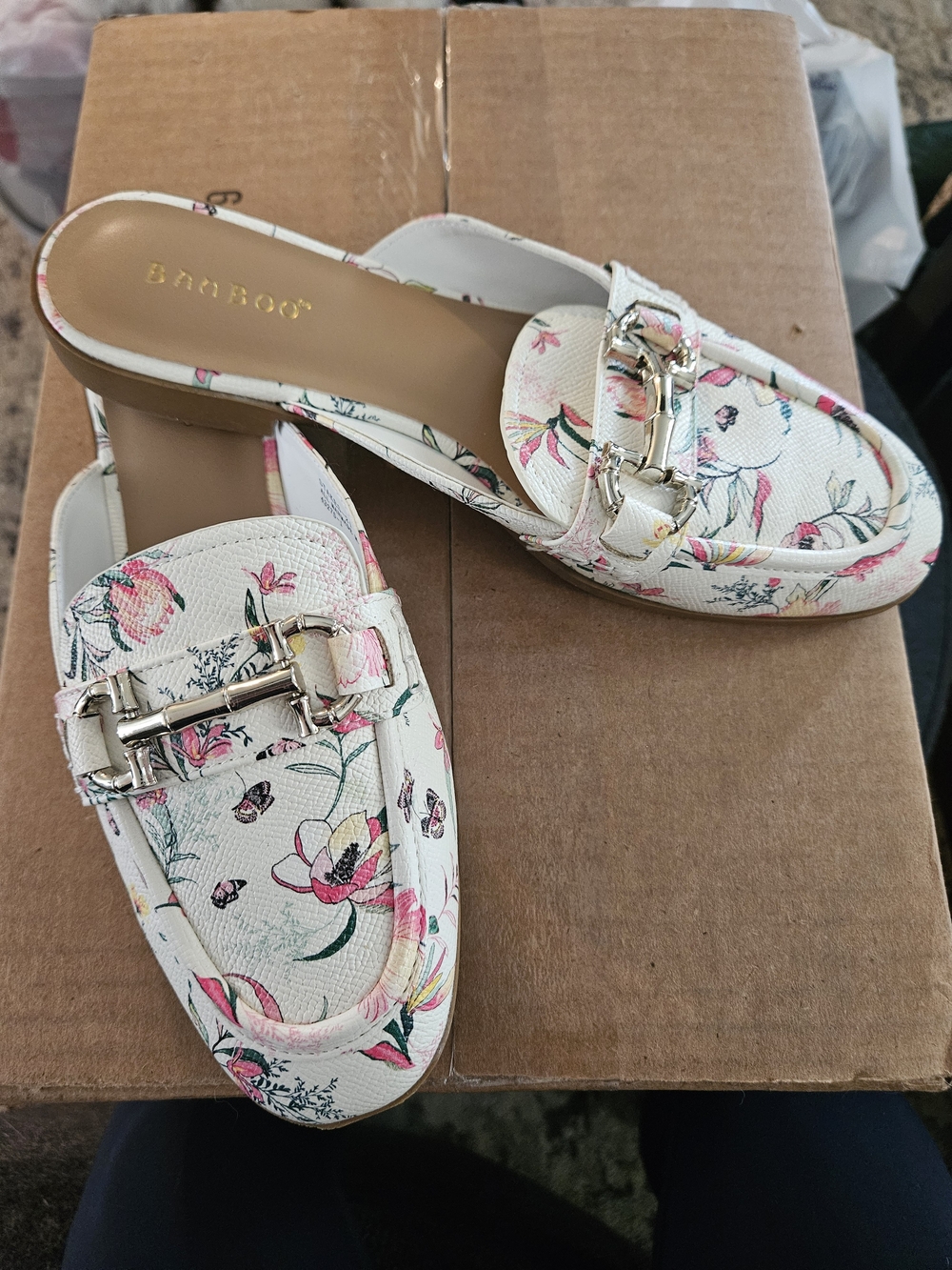 BAMBOO White Floral Slip-On Mules with Gold Hardware